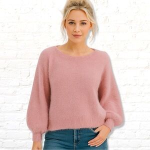 London Kaye Oversized Balloon Sleeve Sweater Size Medium Pink Eyelash knit